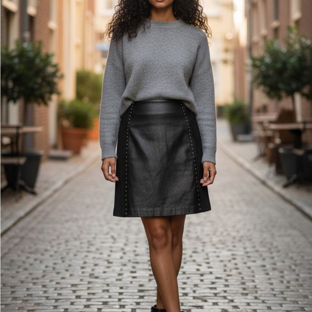 White House Black Market Black Leather/ Spandex Sleek Studded Pencil Skirt Sz 4